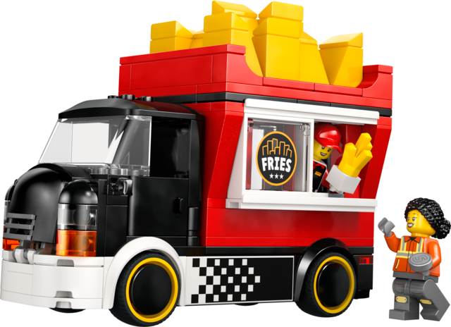 Toy food truck with large fries on top, featuring vendor and customer minifigures interacting by the window.