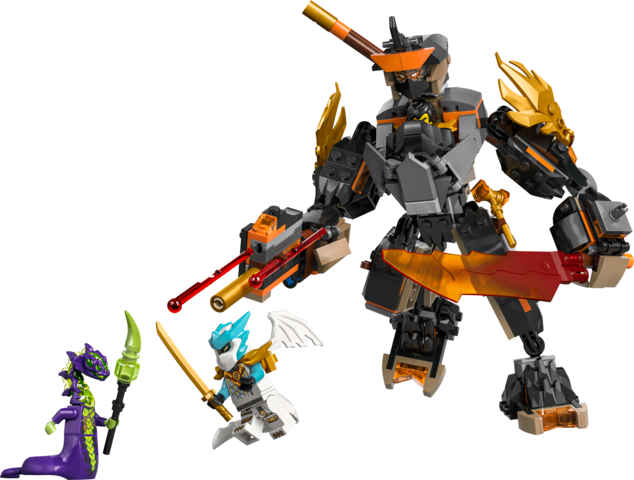 Black and orange mech with posable limbs and two action figures holding weapons in a battle scene