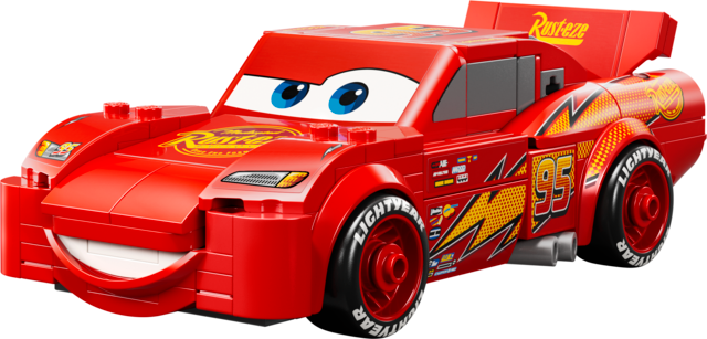 Red Lightning McQueen toy model with detailed decals including lightning bolt, number 95, Rust-Eze and Lightyear logos.