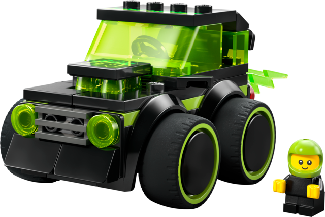 Black and neon green toy race car with large wheels and matching driver figure wearing a helmet