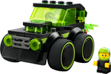 Black and neon green toy race car with large wheels and matching driver figure wearing a helmet