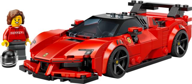 Red sports car model with detailed design, including a driver minifigure in Ferrari outfit and accessories.