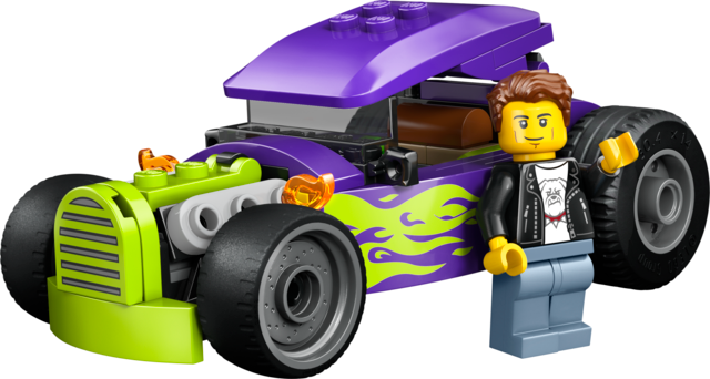 Bright green and purple hot rod toy car with flame decals and a driver minifigure standing next to it