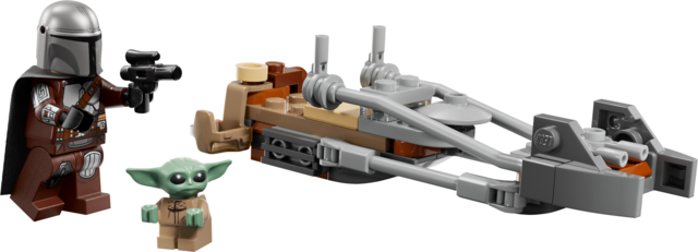 The Mandalorian minifigure with blaster and Grogu figure next to a detailed speeder bike toy model