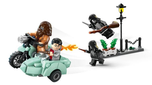 LEGO Harry Potter set showing Hagrid on a motorcycle with Harry escaping Privet Drive from Death Eaters near a street lamp and plants.