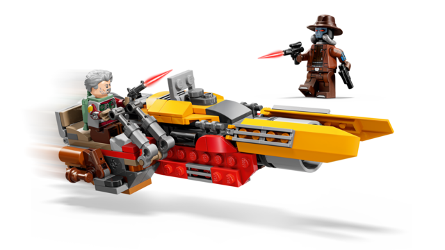 Cobb Vanth and Cad Bane minifigures with speeder and blaster pistols engaging in a Star Wars battle scene