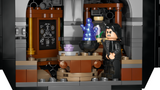 Lego wizard character stirring cauldron with secret potions and blackboard in magical classroom setting