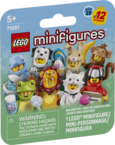 LEGO minifigures dressed as various animals including frog, lion, rabbit, monkey, dog, parrot, dolphin, and more in collectible series packaging