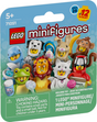 LEGO minifigures dressed as various animals including frog, lion, rabbit, monkey, dog, parrot, dolphin, and more in collectible series packaging