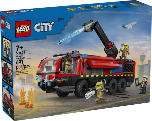 Colorful building block fire truck toy with extendable water cannon, opening compartments, and firefighter figures on an airport runway background