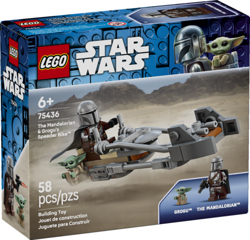 LEGO Star Wars set featuring The Mandalorian minifigure and Grogu with a detailed speeder bike model toy.