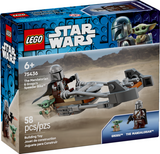LEGO Star Wars set featuring The Mandalorian minifigure and Grogu with a detailed speeder bike model toy.