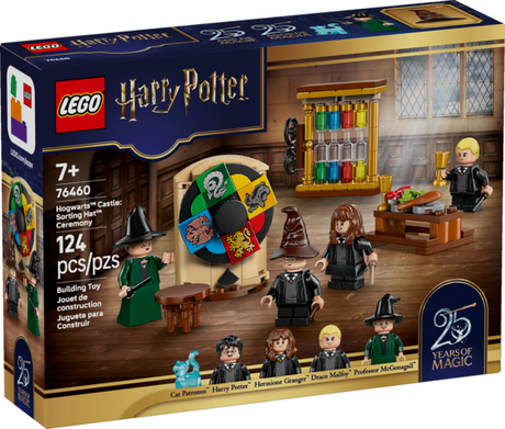 LEGO Harry Potter Hogwarts Castle Sorting Hat Ceremony set with minifigures and magical classroom details