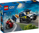 LEGO City Police prisoner transport van with motorcycle and minifigures for imaginative play and jailbreak scenes