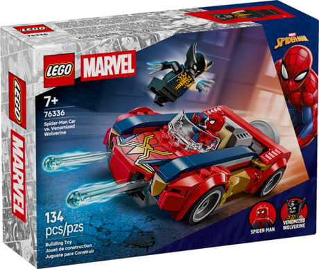 LEGO Marvel Super Heroes set featuring Spider-Man driving a red car chasing Venomized Wolverine figure in action scene