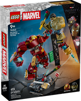 LEGO Marvel set featuring Hulkbuster mech battling Hulk minifigure in an urban street scene with Iron Man nearby