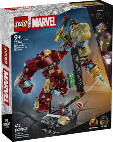 LEGO Marvel set featuring Hulkbuster mech battling Hulk minifigure in an urban street scene with Iron Man nearby