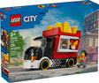 LEGO City fries food truck toy with minifigures and accessories set on a city street background