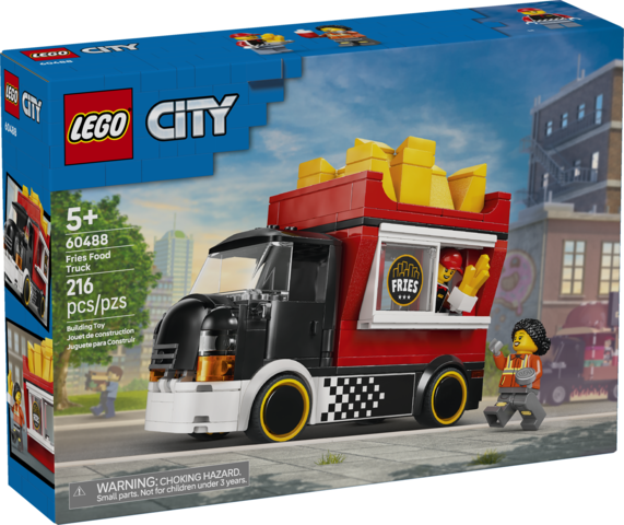 LEGO City fries food truck toy with minifigures and accessories set on a city street background