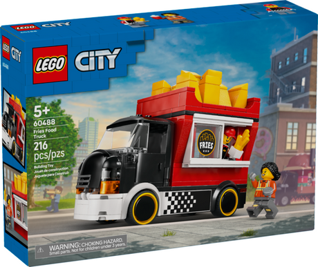 LEGO City fries food truck toy with minifigures and accessories set on a city street background