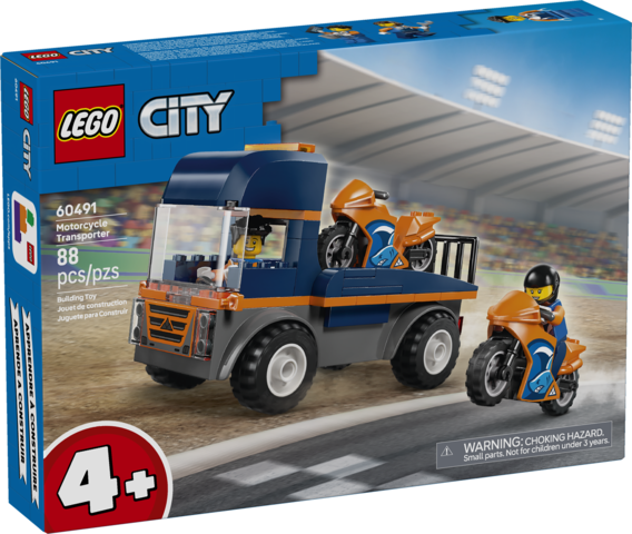 Toy flatbed truck with two orange motorcycles and two driver minifigures for creative play on race track background