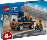Toy flatbed truck with two orange motorcycles and two driver minifigures for creative play on race track background
