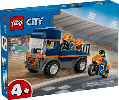 Toy flatbed truck with two orange motorcycles and two driver minifigures for creative play on race track background