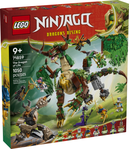 Box of a LEGO Ninjago Dragons Rising set featuring a large green dragon and multiple minifigures in action poses.