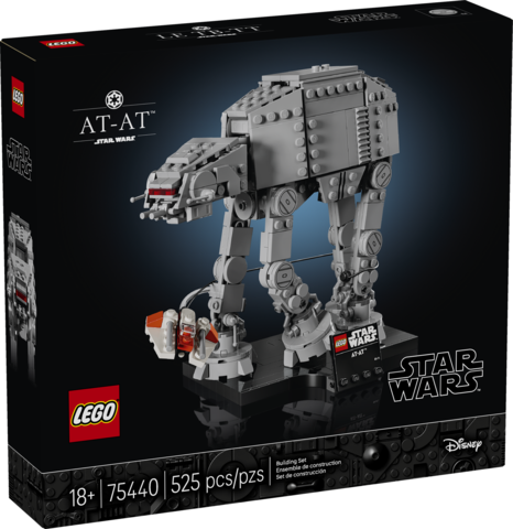 LEGO Star Wars AT-AT model with detailed design standing on a display base against a dark background