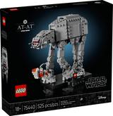 LEGO Star Wars AT-AT model with detailed design standing on a display base against a dark background