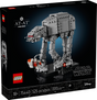 LEGO Star Wars AT-AT model with detailed design standing on a display base against a dark background