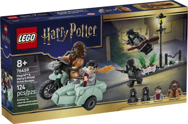 LEGO Harry Potter set showing Hagrid and Harry escaping Privet Drive on a motorcycle with sidecar from Death Eaters.