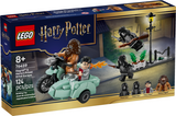 LEGO Harry Potter set showing Hagrid and Harry escaping Privet Drive on a motorcycle with sidecar from Death Eaters.