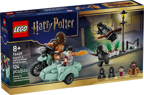 LEGO Harry Potter set showing Hagrid and Harry escaping Privet Drive on a motorcycle with sidecar from Death Eaters.