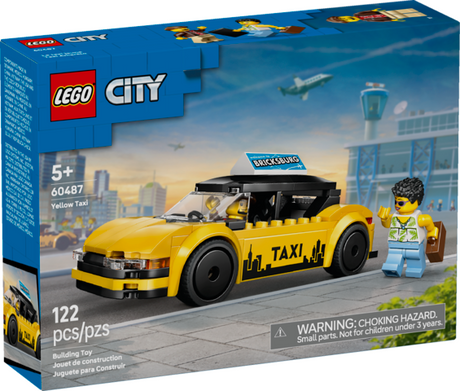 LEGO City Yellow Taxi model building kit with taxi driver and tourist minifigures for imaginative play ages five and up