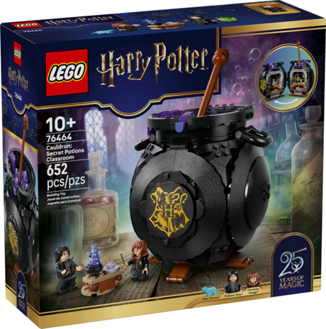 LEGO Harry Potter cauldron with stirring stick, miniature potion bottles, blackboard, and wizard classroom figures.