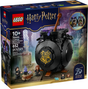 LEGO Harry Potter cauldron with stirring stick, miniature potion bottles, blackboard, and wizard classroom figures.