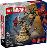 LEGO Marvel set featuring Spider-Man, Sandman with giant arm, and Venom battling on construction base
