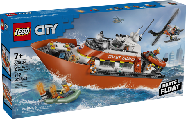 LEGO City Coast Guard rescue boat and helicopter with minifigures and floating dinghies in action on water