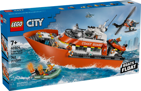 LEGO City Coast Guard rescue boat and helicopter with minifigures and floating dinghies in action on water