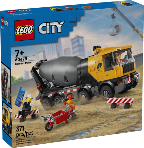 LEGO City toy cement mixer truck with rotating drum, 8 tires, and three construction worker minifigures for creative play