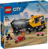 LEGO City toy cement mixer truck with rotating drum, 8 tires, and three construction worker minifigures for creative play