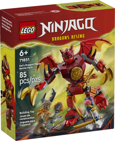 LEGO Ninjago Kai’s Dragon Mech with posable wings, rotating upper body, cockpit, and three minifigures included