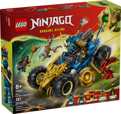 LEGO Ninjago Dragons Rising Jay’s Transforming Car with golden dragon head and minifigures for kids 8 and up