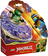 LEGO Ninjago Nya and Mutation Monster battling with spinning launcher toy in dynamic action scene packaging design