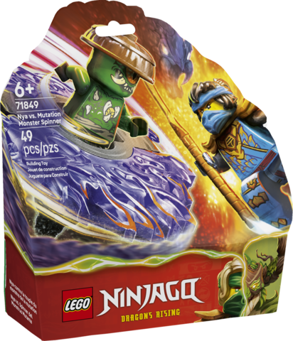 LEGO Ninjago Nya and Mutation Monster battling with spinning launcher toy in dynamic action scene packaging design
