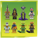 Eight colorful Ninjago minifigures with detailed costumes and accessories displayed on a green background