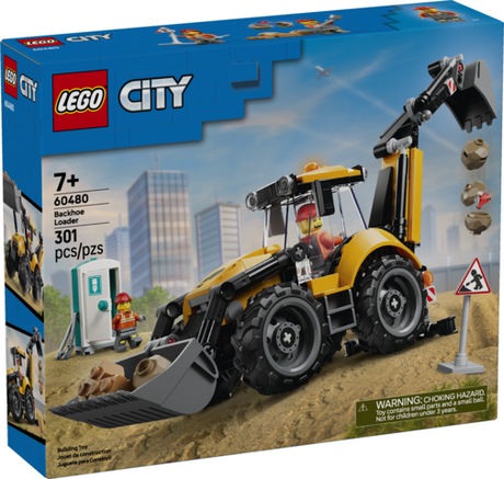 City Yellow Backhoe Loader toy construction vehicle in yellow and black on a boxed set package