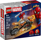 LEGO Marvel set featuring Spider-Man and Ghost Rider with a detailed motorcycle and accessories for imaginative play