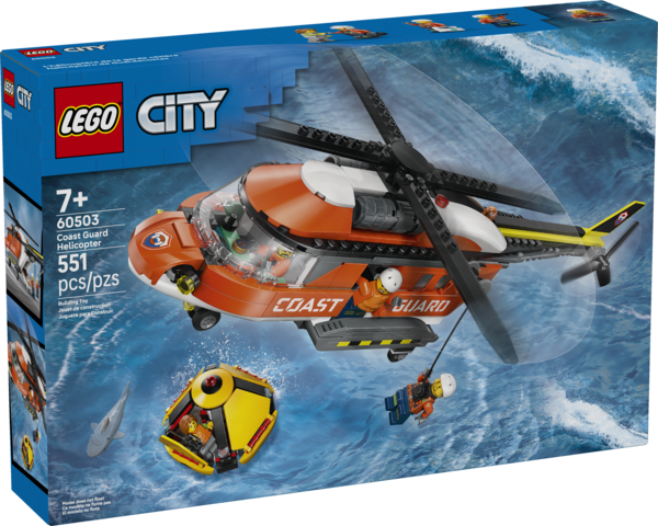 LEGO City sea rescue helicopter with pilot hook lowering rescue capsule and shark in ocean playset box.